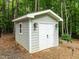 Exterior view of the backyard storage shed with double doors and lantern sconces at 1501 Chatsworth Ln, Raleigh, NC 27614