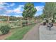 A sidewalk next to a community garden with a black bench for resting and relaxing on a sunny day at 151 Bridge St, Hillsborough, NC 27278