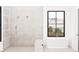 Bathroom featuring a soaking tub, walk-in glass shower, neutral tile, and a window offering outdoor views at 1808 Stream Manor Ct, Wake Forest, NC 27587