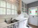 Bright kitchen features a stainless steel sink, a stained glass door, and classic white cabinets at 183 Birnamwood Dr, Chapel Hill, NC 27516