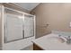Full bathroom featuring a shower/tub combo and a single sink vanity with a light-colored cabinet at 1852 Gwyn Rd, Burlington, NC 27217