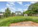 Backyard view of grassy yard with trees, fence, and outbuilding on a sunny day at 3306 Woodland Park Rd, Durham, NC 27703