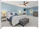 Large main bedroom with a fireplace, TV, a ceiling fan, and a light blue color palette at 45 Birnham Ln, Durham, NC 27707