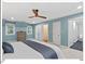 Spacious bedroom features wood ceiling fan, windows, and ensuite bathroom at 45 Birnham Ln, Durham, NC 27707