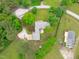 Aerial view of house, lush green lawn, mature trees, and long private driveway at 5804 Heathill Ct, Raleigh, NC 27603