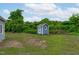 Backyard shed providing storage and functionality, nestled within a spacious green lawn at 5804 Heathill Ct, Raleigh, NC 27603