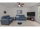Comfortable living room featuring a ceiling fan, a flat-screen TV and two sofas at 740 Treviso Ln, Apex, NC 27502