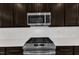 Close-up of a modern kitchen with stainless steel appliances, white backsplash, and dark cabinets at 816 Lilyquist Way, Wake Forest, NC 27587