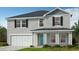 Charming two-story home with gray siding, attached garage, and manicured front lawn at 91 Caspian Ct, Lillington, NC 27546