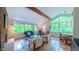 Bright and airy living room with floor-to-ceiling windows, hardwood floors, stylish furniture, and a cozy fireplace at 1 Davie Ln, Chapel Hill, NC 27514