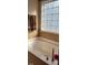 Bathroom featuring a soaking tub and decorative glass block window at 1004 Bridlemine Dr, Fuquay Varina, NC 27526