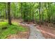 Scenic backyard featuring a stone walkway leading to a charming firepit area surrounded by lush greenery at 1205 Elysian Way, Rougemont, NC 27572