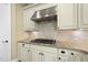 Cooktop nestled in granite countertops with tiled backsplash, cabinetry, and stainless steel hood vent at 1210 Brooks Ave, Raleigh, NC 27607