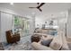 Open-concept living room with a large sofa, and sliding glass doors leading to a screened deck at 147 Gentry Dr, Pittsboro, NC 27312