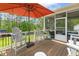 Relax on this screened-in back porch featuring comfortable seating and an outdoor umbrella at 187 Farrah-Shea Way, Angier, NC 27501