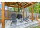 Backyard patio featuring a pergola, comfortable seating, and outdoor cooking space at 187 Farrah-Shea Way, Angier, NC 27501