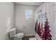 This bathroom features a toilet, and decorative shower curtain at 274 E Boulder Road Rd, Henderson, NC 27537