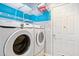 Laundry room features modern front load washer and dryer with wire shelving and a blue painted accent wall at 2801 Margots, Wake Forest, NC 27587