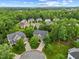 Aerial view of homes with a long driveway, lush lawns, and mature trees in a wooded neighborhood at 4 Pickard Pl, Durham, NC 27703