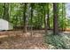 Picturesque backyard with mature trees, a storage shed, and a privacy fence at 4808 Berini Dr, Durham, NC 27705