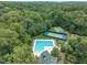 Scenic aerial view of the pool, tennis court and basketball court surrounded by green trees at 522 N Scotswood Blvd, Hillsborough, NC 27278