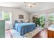 Inviting bedroom with a ceiling fan, deck access, and stylish decor on a colorful rug at 8116 Owenston Ct, Raleigh, NC 27612