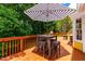 Outdoor deck featuring a table, chairs, and a striped umbrella, perfect for relaxing or entertaining guests at 8116 Owenston Ct, Raleigh, NC 27612