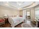 Relaxing bedroom with tray ceiling, hardwood floors, and sliding door to backyard at 125 Greenway Landing Lndg, Chapel Hill, NC 27516