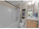 This bathroom offers a shower/tub combo and a single vanity sink at 158 Pineland Cir, Raleigh, NC 27606