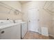 Laundry room featuring a washer and dryer, door to the outside, and shelving at 2001 October Dr, Durham, NC 27703