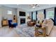 Cozy living room with a fireplace, large windows, and comfortable seating at 2512 Stonington Dr, Cary, NC 27523