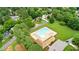 Aerial view showcasing a community pool and houses surrounded by mature trees and landscaping at 3405 E Jameson Rd, Raleigh, NC 27604