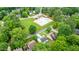 Aerial shot showcases a community pool, highlighting its central location within a neighborhood surrounded by mature trees at 3405 E Jameson Rd, Raleigh, NC 27604