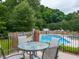 Inviting pool area with a patio, surrounded by lush landscaping and a secure fence at 5009 Beckwyck Dr, Fuquay Varina, NC 27526