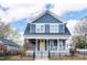 Charming two-story home with a blue exterior, yellow front door, and a welcoming front porch at 595 E Cabarrus St, Raleigh, NC 27601