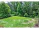 Lush green backyard with mature trees and landscaping, offering a private outdoor retreat with small staircase to deck at 112 Briarfield Dr, Apex, NC 27502