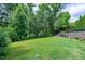 Lush green backyard with mature trees and landscaping, offering a private outdoor retreat with small staircase to deck at 112 Briarfield Dr, Apex, NC 27502