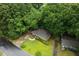 Aerial view of home with mature trees, driveway, and lush surrounding landscape at 1219 Lakeland St, Durham, NC 27701