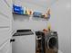 Functional laundry room featuring a washer, dryer, and wire shelving for organized storage solutions at 224 Swann Trl, Clayton, NC 27527