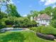 Aerial view of the home's backyard featuring a pool, patio, and manicured lawn at 3307 Devon Rd, Durham, NC 27707