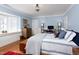 Comfortable bedroom with wooden floors, a bay window, light blue walls and cozy textures at 3307 Devon Rd, Durham, NC 27707