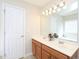 Bathroom features a double sink vanity with decorative flowers and light fixture at 3515 Mountain Brook Cir, Durham, NC 27704