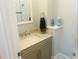 A modern bathroom with a vanity, mirror, and shower at 8729 Valentine Ct, Raleigh, NC 27613