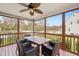 Screened porch featuring a ceiling fan, dining table and chairs, with a lake view at 930 Pristine Ln, Rolesville, NC 27571