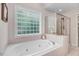 Bathroom featuring a jacuzzi bathtub with glass block window and a separate glass shower at 1128 Neuse Ridge Dr, Clayton, NC 27527