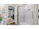 Bathroom with a glass shower and a view to the bedroom at 1401 Berea Rd, Rougemont, NC 27572
