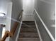 Carpeted stairs with gray walls and white trim lead to the upper level of the home at 1527 Haywards Heath Ln, Apex, NC 27502