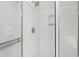 Clean, white walk-in shower featuring a chrome shower head and convenient soap shelf at 222 Ashton Hall Ln, Raleigh, NC 27609