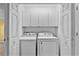 Well-lit laundry room with washer, dryer, and overhead cabinets for ample storage space at 305 Slate Dr, Gibsonville, NC 27249