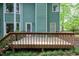 Wood back deck featuring a white door leading into the house and view of the lush green backyard at 3511 Shady Creek Dr, Durham, NC 27713